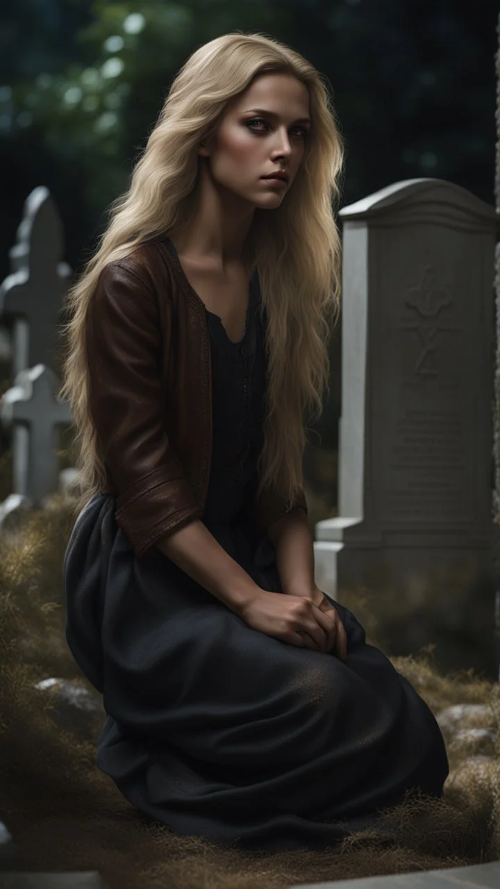 photorealistic hyperdetailed young woman with dirty blonde hair kneeling by a grave with a wooden cross