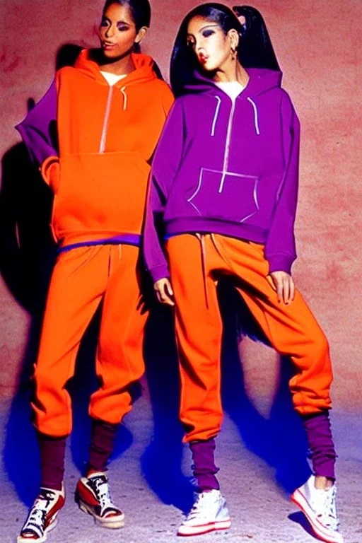 year 1999 women fashion, Techno, rave, Loose, straight, suit, low waist light trousers, t-shirt, new kind of hoodie with high tippet, which goes down along zipper! Colors: all denim colors, purple, khaki, lilac, plum, orange, terracotta, red, pink, dark blue, beige. Patterns: lynx, balls, stripes. lynx belt. starling or owl prints. Women models. Missy Elliot, Sandra Bullock, Milla Jovovich, Big tennis shoes on. Latex, denim and leather e.g. in Leg warmers.