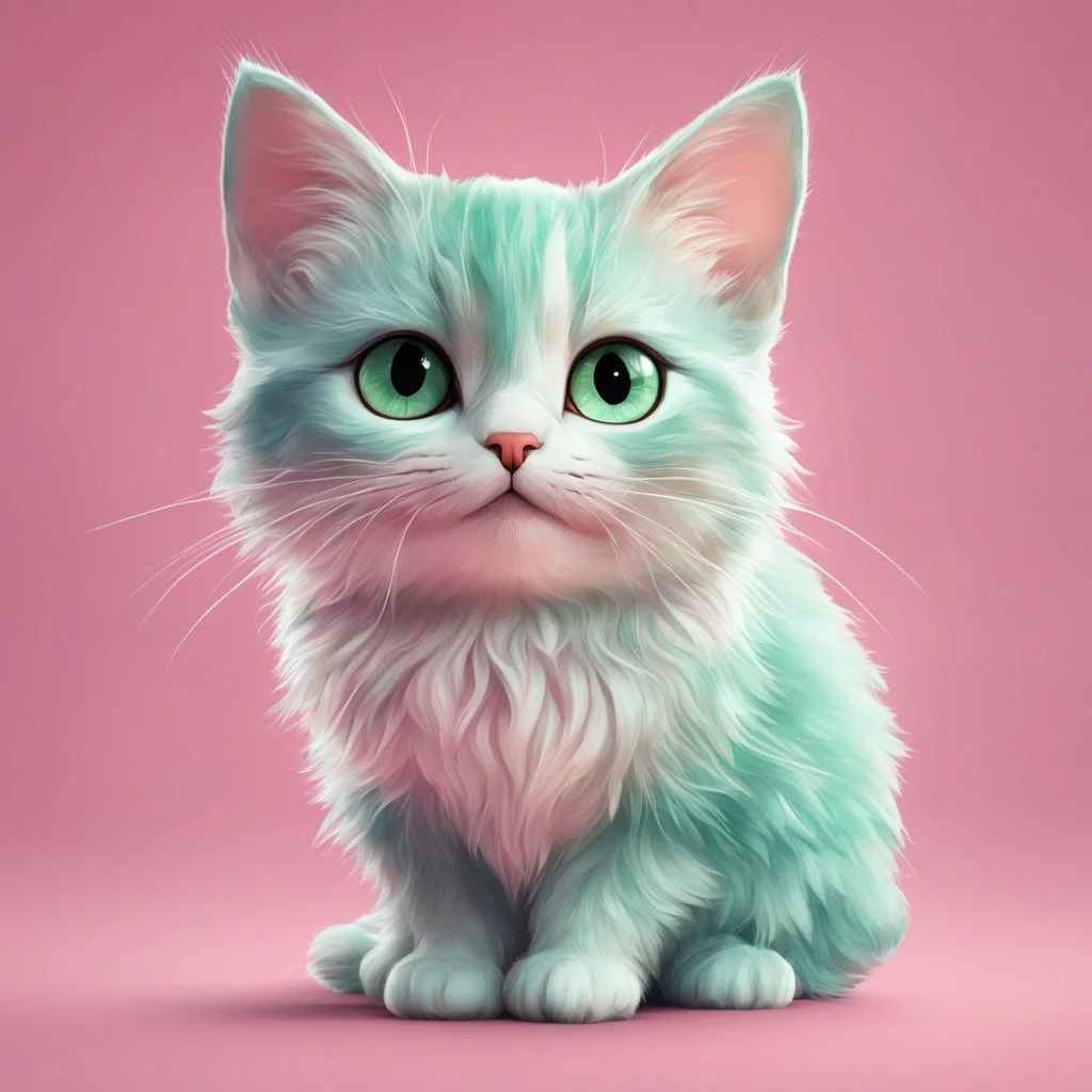 A delightful and adorable cartoon illustration featuring a cute mint-colored cat against a charming pink background, (delightful illustration:1.4), (adorable cartoon cat:1.5), (charming pink background:1.3), (expressive mint hues:1.2), inspired by the styles of cute cartoon artists, trending on ArtStation, Intricate, Sharp focus, vibrant lighting, (whimsical:1.4), (playful ambiance:1.3), (lush fur details:1.5), Cartoon, Masterful, Captivating, High Detail, Cinematic view