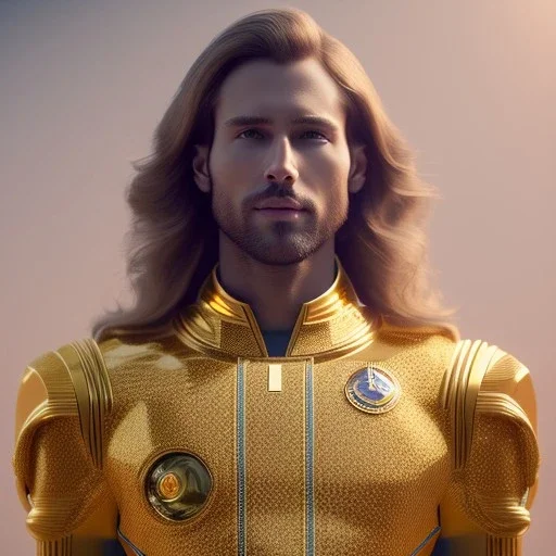 beautiful cosmic golden male, long hair, nice smiling, delicate colors, beautiful glamour galactic golden dress, ultra sharp focus, 8k, unreal engine 5, extremely sharp detail, light effect, soft light atmosphere of a spaceship, smooth, full of details, face in front, complete vision of face and body