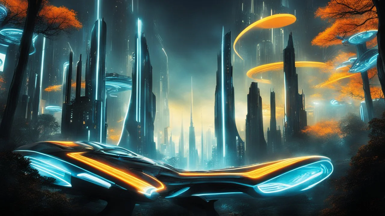 tron legacy movie, creatures,, space ships, city of the future, trees , forest, yellow, blue, red, orange