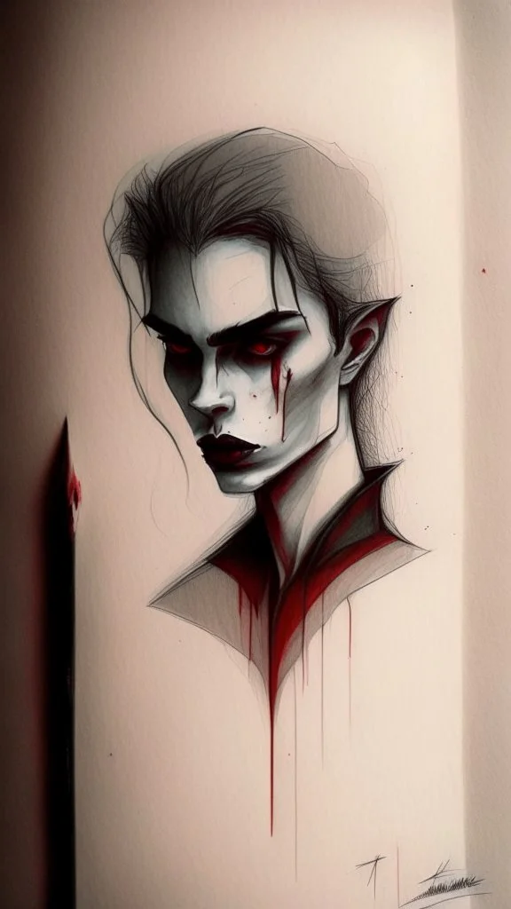 vampire drawing, minimalistic style, natural colors, blood, graphite pencils