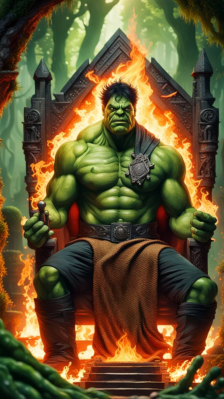 Framed playing card illustration, close-up of Mubarak Saeed Tahir melted old magic flaky slimy alien hulk Avengers Mad Max poses for a photo on the throne, holding a burning scepter, in a massive hulk with stairs and bridges woven into a sacred temple geometric woven fabric in the middle of a lush magical forest, Bokeh like f/0.8, 8K tilt lens, high detail, smooth rendering, downlight, Unreal Engine, award-winning