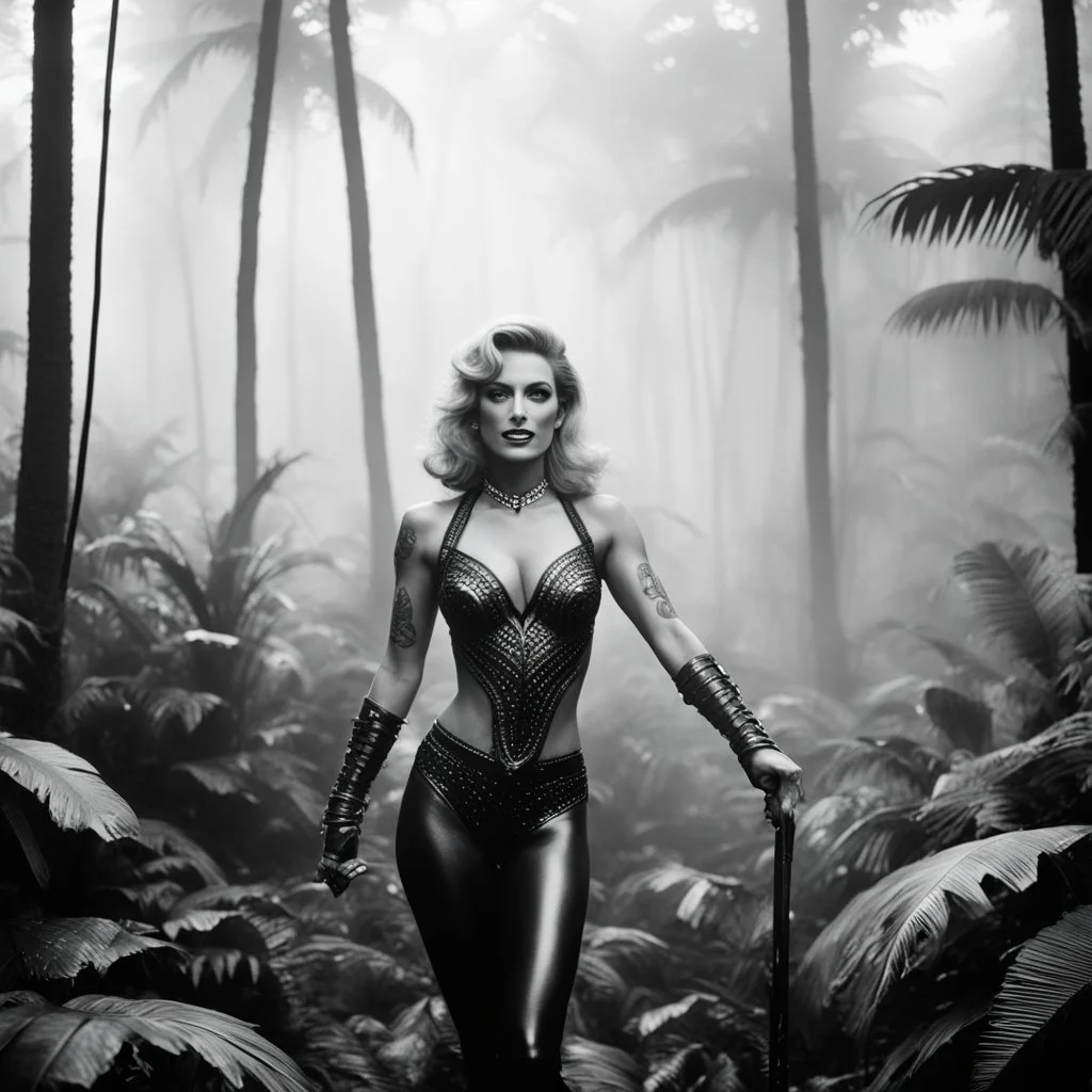 [photo by helmut newton: humid foggy jungle forest] the foreground in the fog, the background is barbarella in tattooed alien warrior, she faces the camera, smiles, and points the camera to say "THANK YOU" [bokeh]