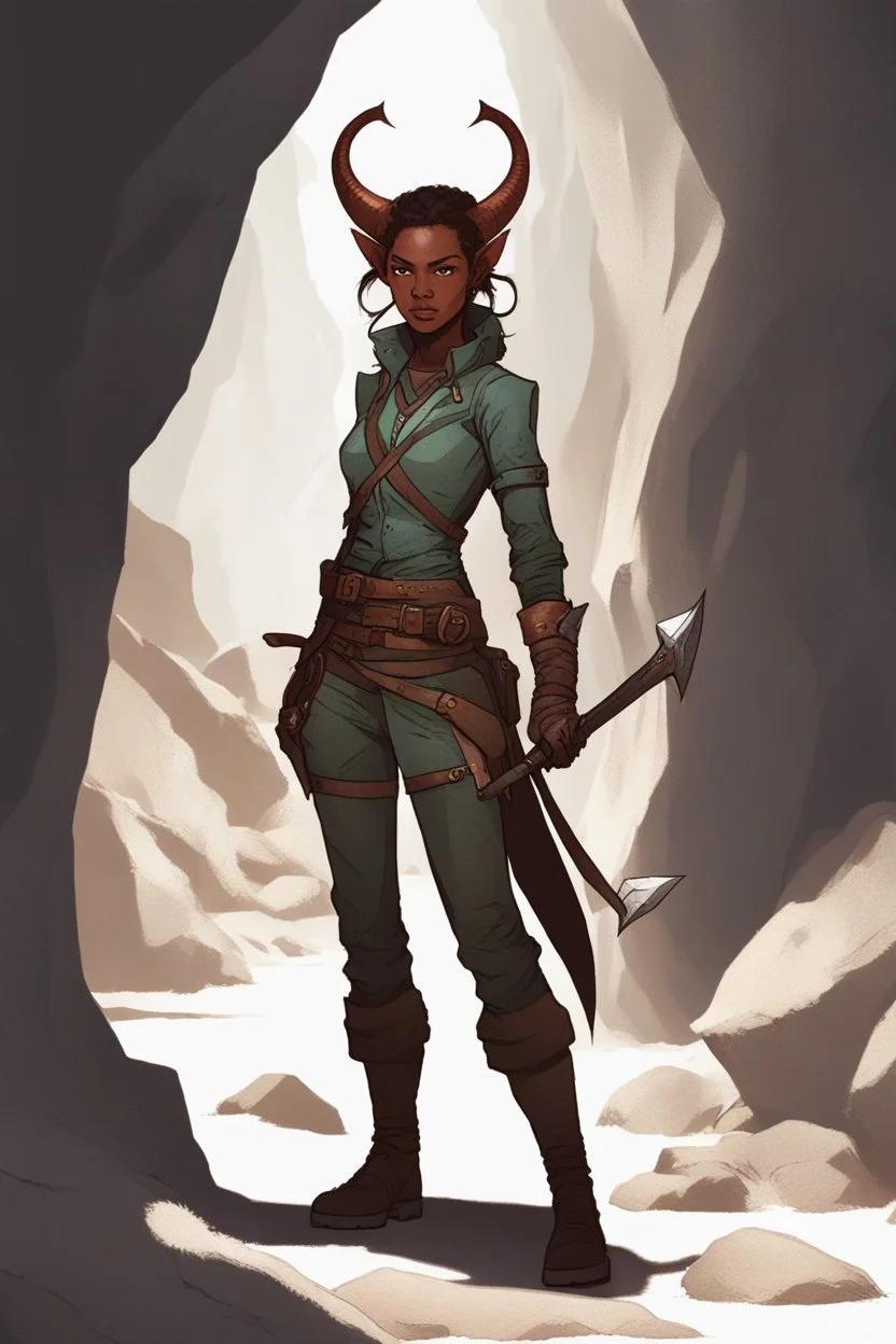 A DnD character. A female Tiefling ranger standing in a cave.