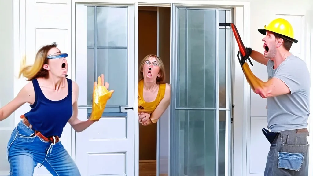 lady angry with male contractor installing the oversized screen door