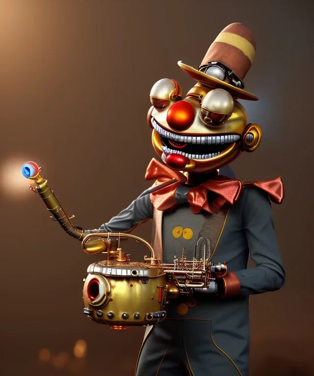 happy smiling mechanoid clown playing jazz with a steampunk theme, realistic