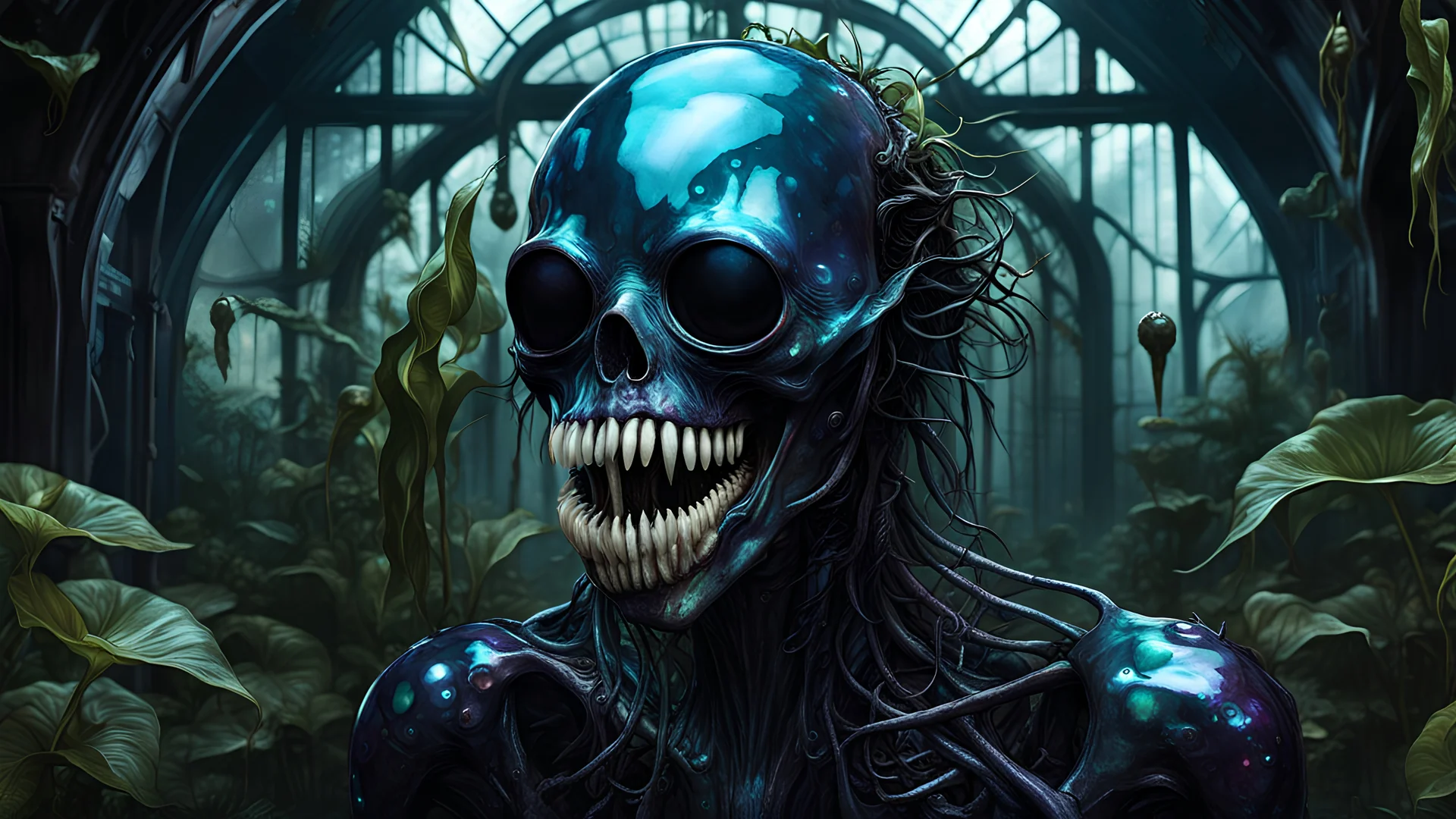 A gritty, full-body shot of an insatiably evil black opal iridescent pearlescent dark cybernetic lifeform botanist in a surreal conservatory, with sharp ivory teeth, macabre, Dariusz Zawadzki art style, liminal spaces, horror art, dark gaming background, wet, glossy, horror art, trypophobia, eerie, intricate details, HDR, beautifully shot, hyperrealistic, sharp focus, back lit, 64 megapixels, perfect composition, high contrast, cinematic