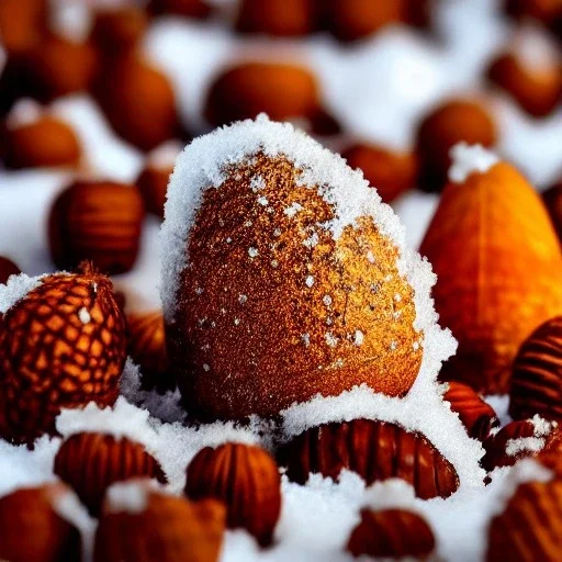 tiny acorn covered in snow, warm colors, soft lighting, snowdrift, in the style of pixar animation, disney animation