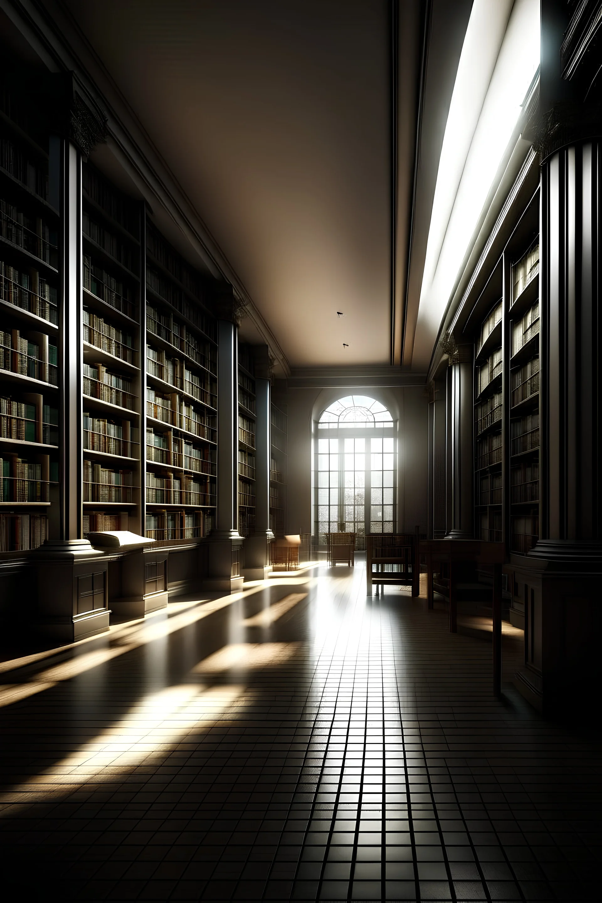 Crear un render de un espacio de una biblioteca, con un aura misteriosa, con espacios y entradas no directas, pero que se sienta la tranquilidad sobre todo