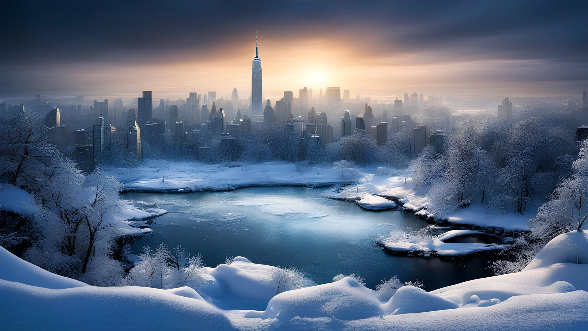 (masterpiece), a landscape of New York frozen, new ice age, dim light, snow , ice, below zero, fantasy, everything is frozen,