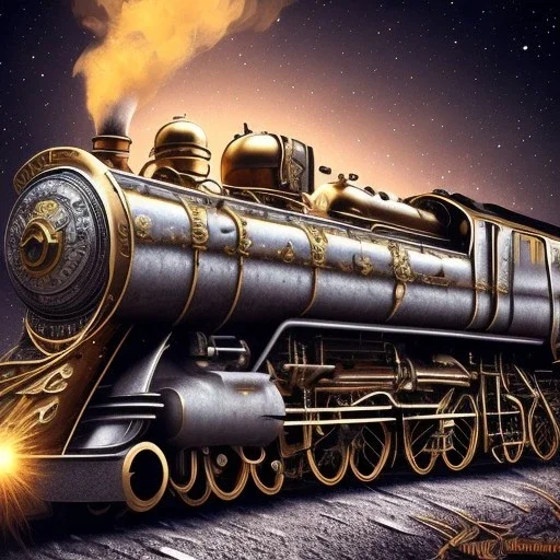 Steampunk locomotive train, ornate silver and gold engraved, white smoke billowing from the chimney as it passes through a narrow gap surrounded by tall trees. Stars and Galaxies fill the night sky.