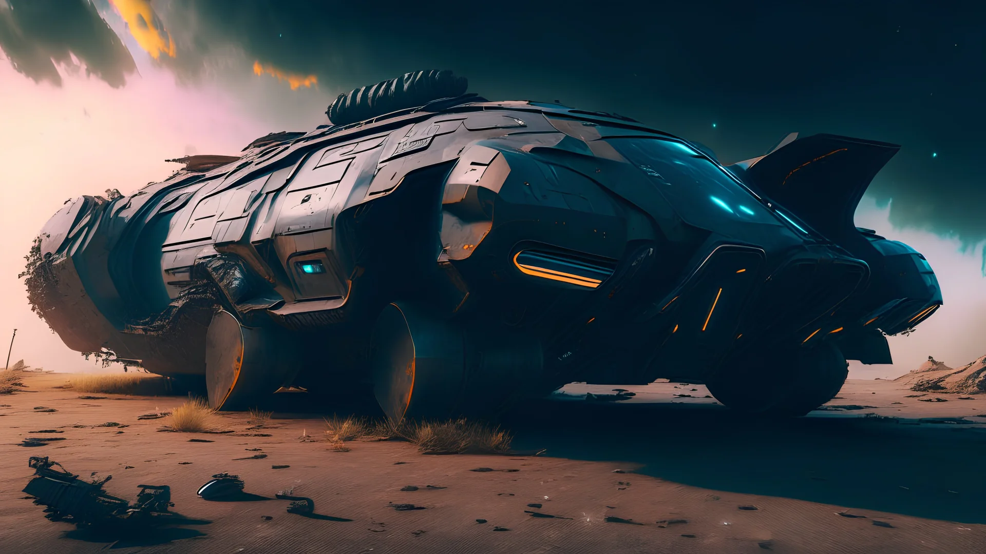 Futuristic gadget black vehicle shuttleship dysoptia cyberage HAWKEN postapocalyptic dysoptia scene photorealistic uhd 8k VRAY highly detailed HDR