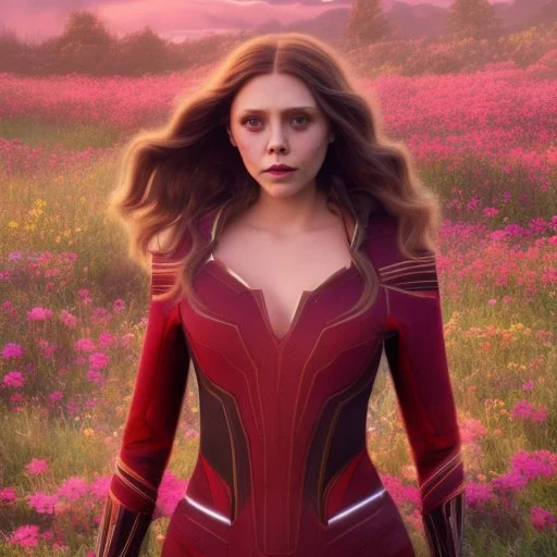 Feiticeira escarlate, Elizabeth Olsen, feiticeira, magia, rosto detalhado belo, bonita, cenário em um campo de flores, cinematográfico, dramático, por do sol, campo de flores, cores frias