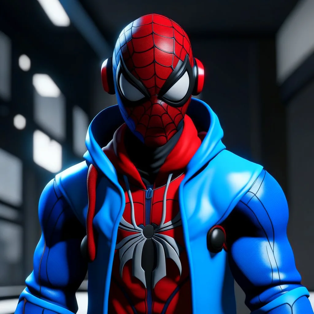 Spiderman sports a captivating ensemble, featuring a black beanie atop his head, a red hood mask with a blue bandana covering the lower half of his face, and a unique mullet and ponytail hairstyle. White and blue headphones adorn his neck, complementing his medium-toned complexion. His suit is a striking fusion of William Braddock's top design and the PS4 Spider-Man's bottom, accentuated by deep blue accents, creating a visually dynamic and original character ready to swing into action.