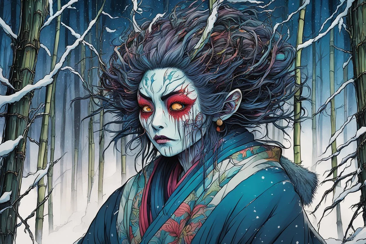 full color front facing portrait of a haggard and malevolent Harionago yokai woman with highly detailed hair and slim, narrow facial features, in a haunted snow clad, winter mountain bamboo forest, pierced by shafts of moonlight , art in the style of Alex Pardee, spirited away, studio ghibli, , 8k , finely detailed and precise line work, soft gauzy pastel colors