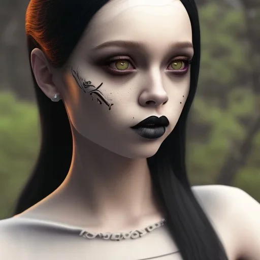 Jenna ortega black dress,soft goth libstick, wednesday addams family make up, brad double wig, addams family style, highly detailed, volumetric lighting, unreal engine, 8k