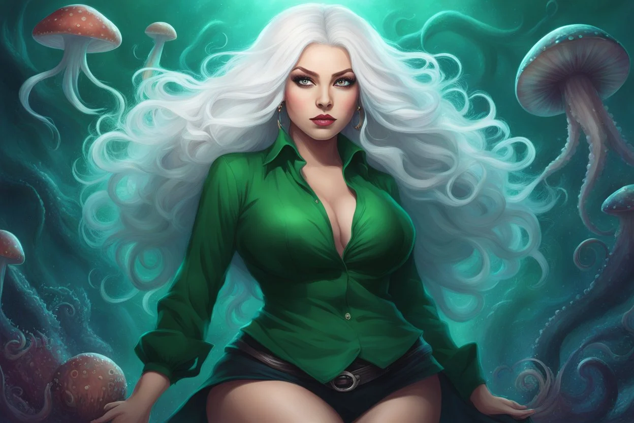 Her form in a green shirt, showcases curves that tempted the imagination - Facing forward with arms raised, with her huge, adorable eyes she embodies the essence of the Cthulhu mythos, a dark sorceress from the depths of the universe. Surrounded by elements of deep sea mystery - an octopus, jellyfish, and mushroom. from her alluring curves to her white hair, violet and curly, framed her face in a pixar-esque charm that whispered secrets of Scandinavian allure. a super vision in the junkyard of