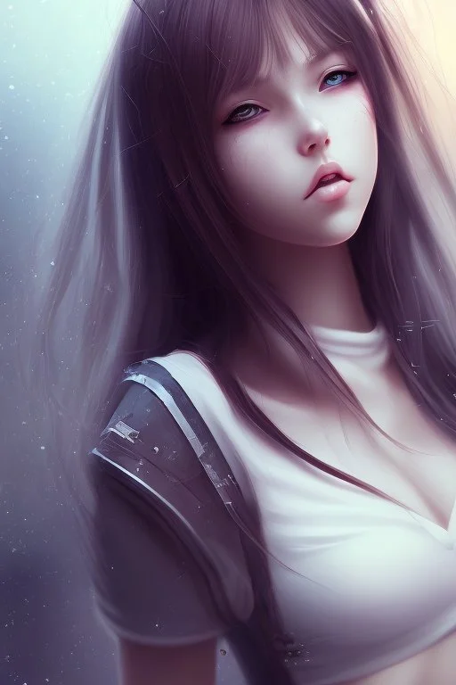 Realistic misterious Anime girl close and personal in warm abstract background