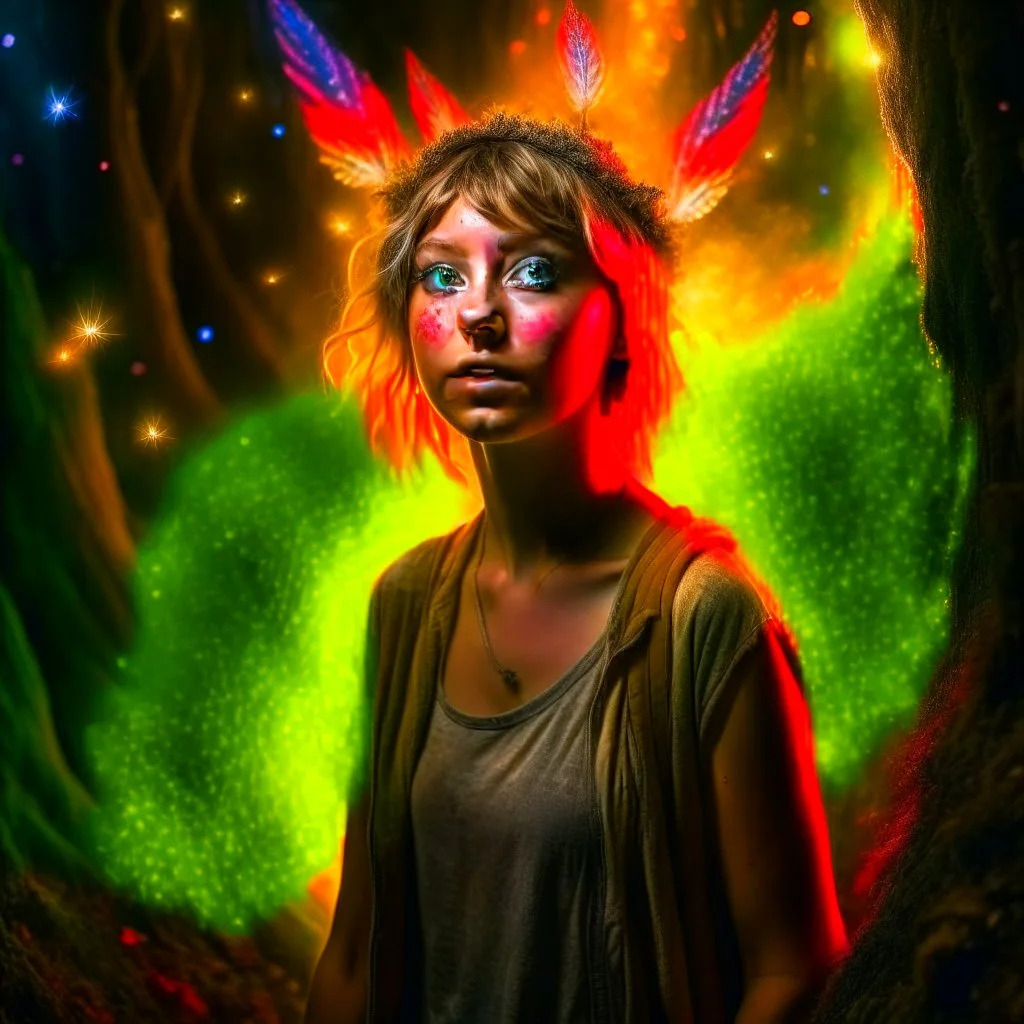 paint splatter, photorealism, a hippie pixie hovering in the underground grove glowing light, in the style of godel, bach, escher, 8k, down-light, soft light, depth of field, photo realism, trending on art station, high detail, smoke and fog