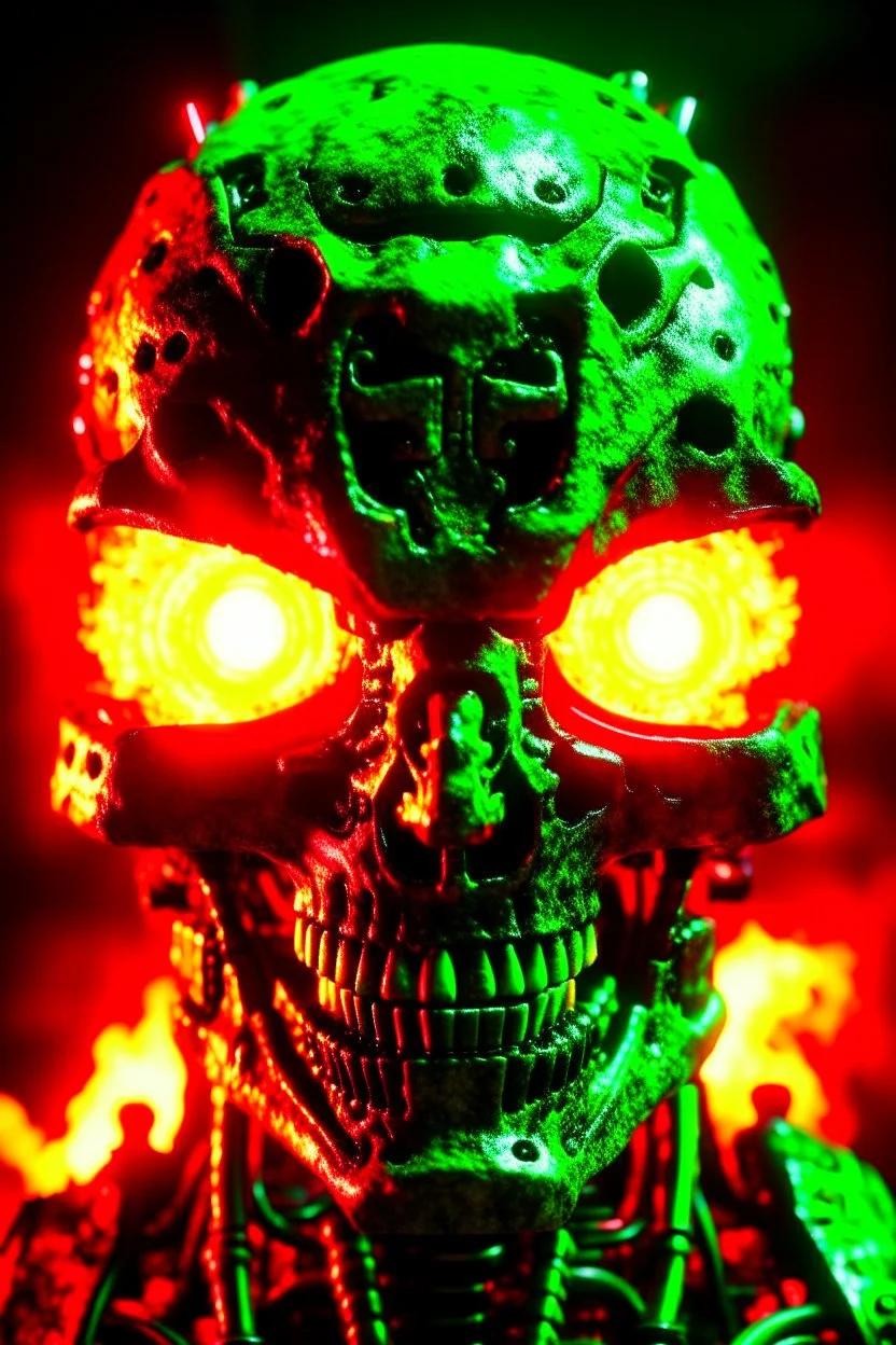 Face of an evil robot with a demonic smile, white eyes, surrounded by flames, youthful green light, fire starter in the background