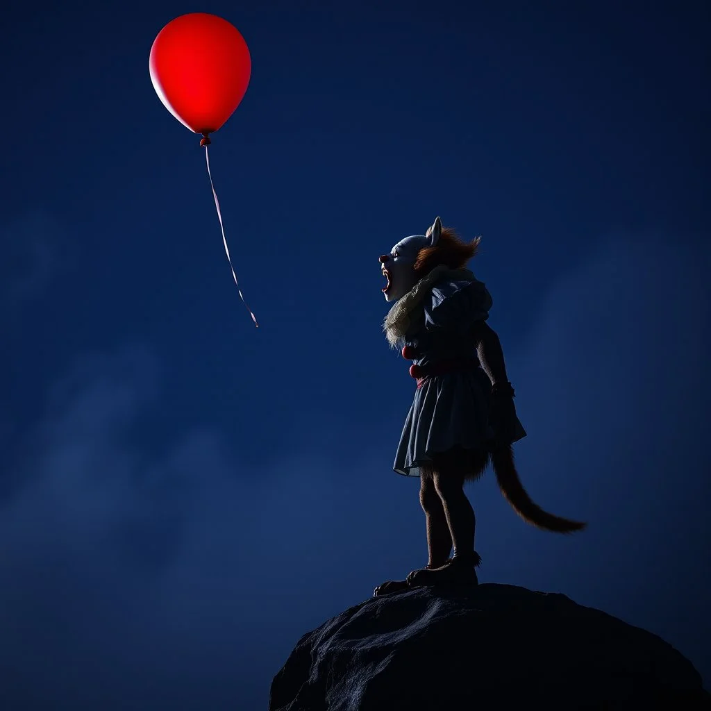 fantastical photography, Pennywise werewolf with a tail and furry body standing on all fours yelling at a red balloon in the night sky, on a boulder at midnight, fog, low contrast,