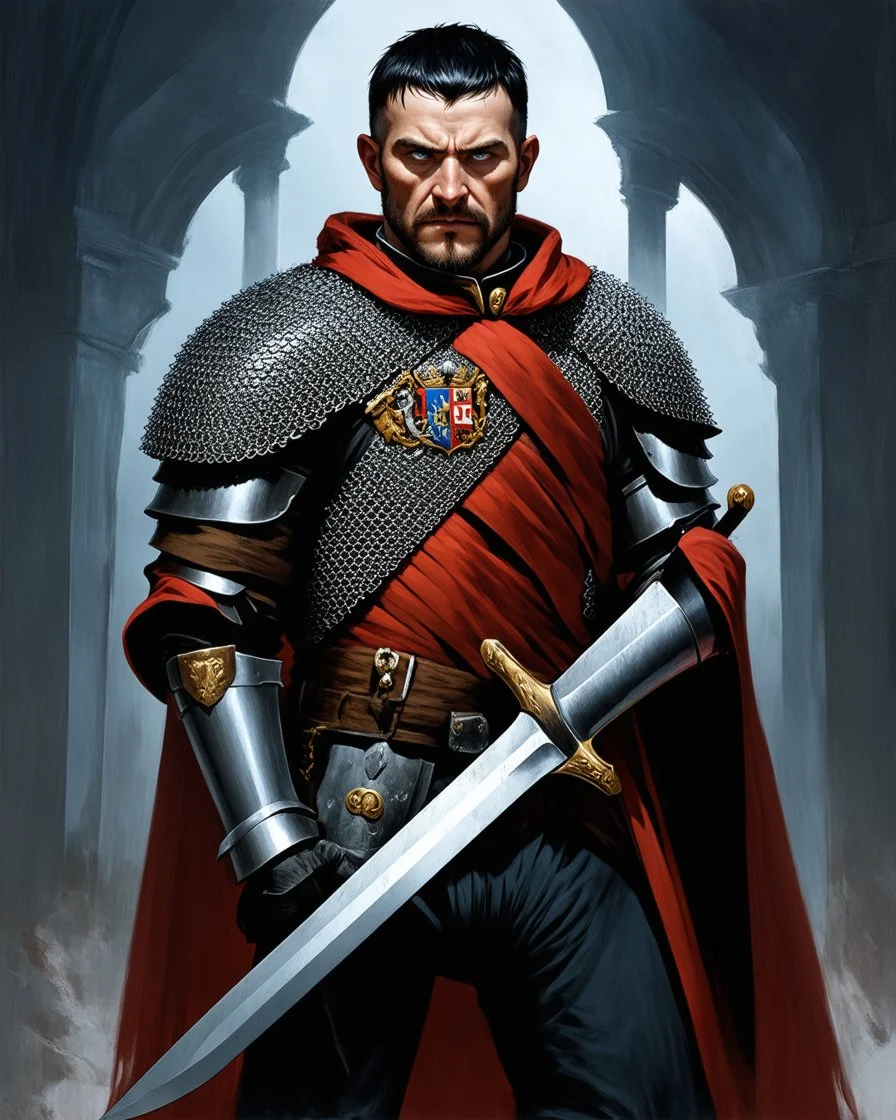 Medieval military captain, weathered face, short black hair, piercing grey eyes. Wearing chainmail armor with royal insignia, red cape. Noble posture, commanding presence. Serious expression. Long sword at his side with royal crest. Realistic fantasy style, dramatic lighting.