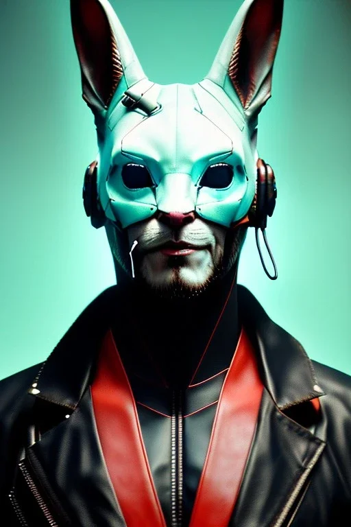 Medium Close Up Portrait, Front image. cyberpunk, rabbit mask, British man, white short hair. leather, gold suit. White, black, red, color. Ghost in the shell style. Color background, photo studio. Avatar image, highly detailed, concept art, smooth, unreal engine 5, god rays, ray tracing, RTX, lumen lighting, ultra detail, volumetric lighting, 3d, finely drawn, high definition, high resolution.