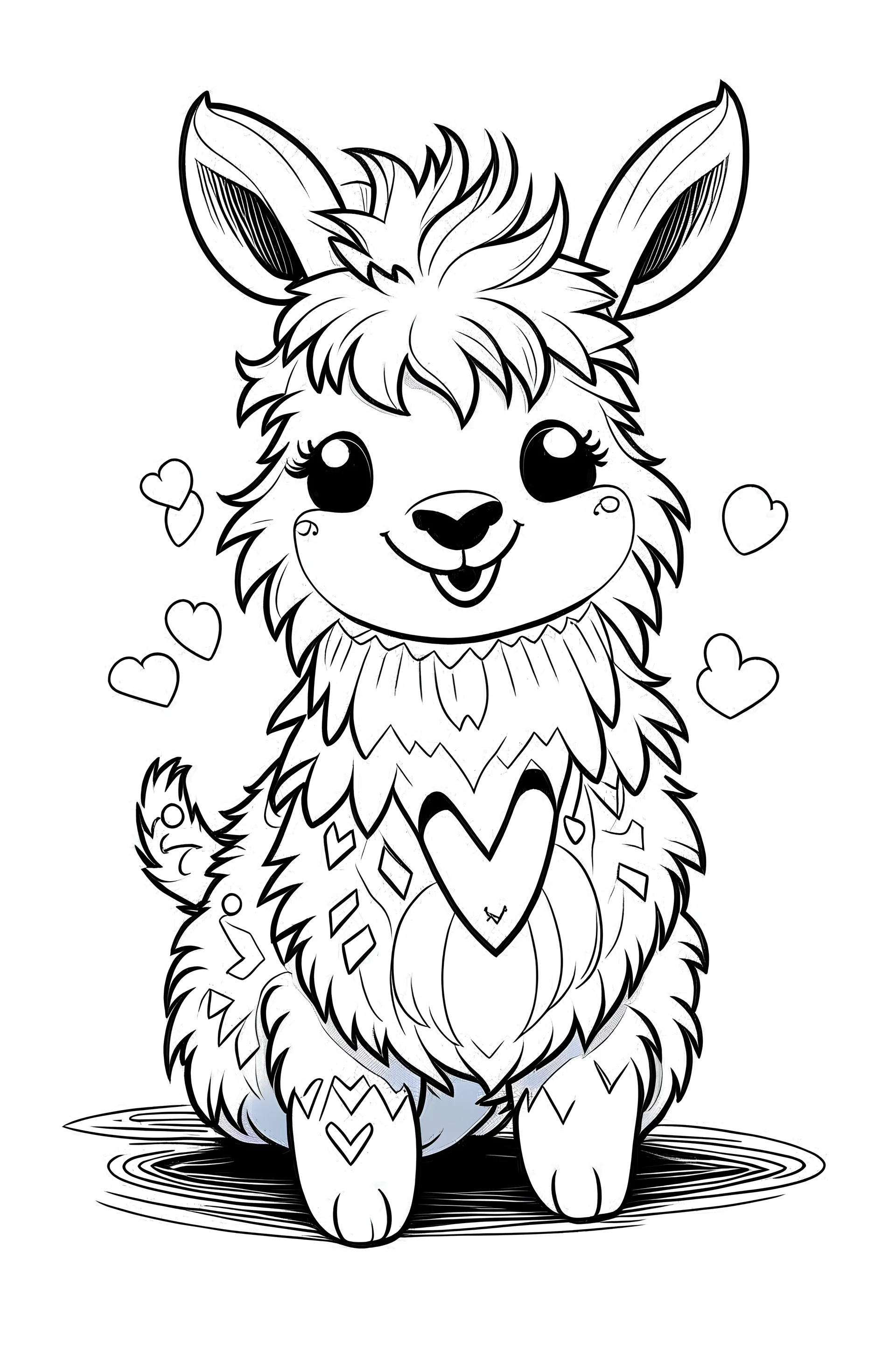 coloring page fluffy happy llama with heart