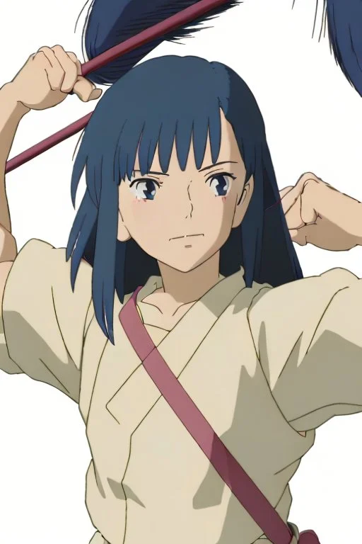 Yui: A full body image of Yui standing confidently in her rugged clothing, hands on her hips. Her athletic build, dark hair streaked with blue, and vibrant green eyes are clearly visible. Her look of determination reflects her adventurous spirit. A full-body depiction of Yui revealing her in sturdy work attire: a patched, sleeveless top with a utility belt, khaki cargo pants, worn boots. Her protective gloves and respirator mask hang at her side.