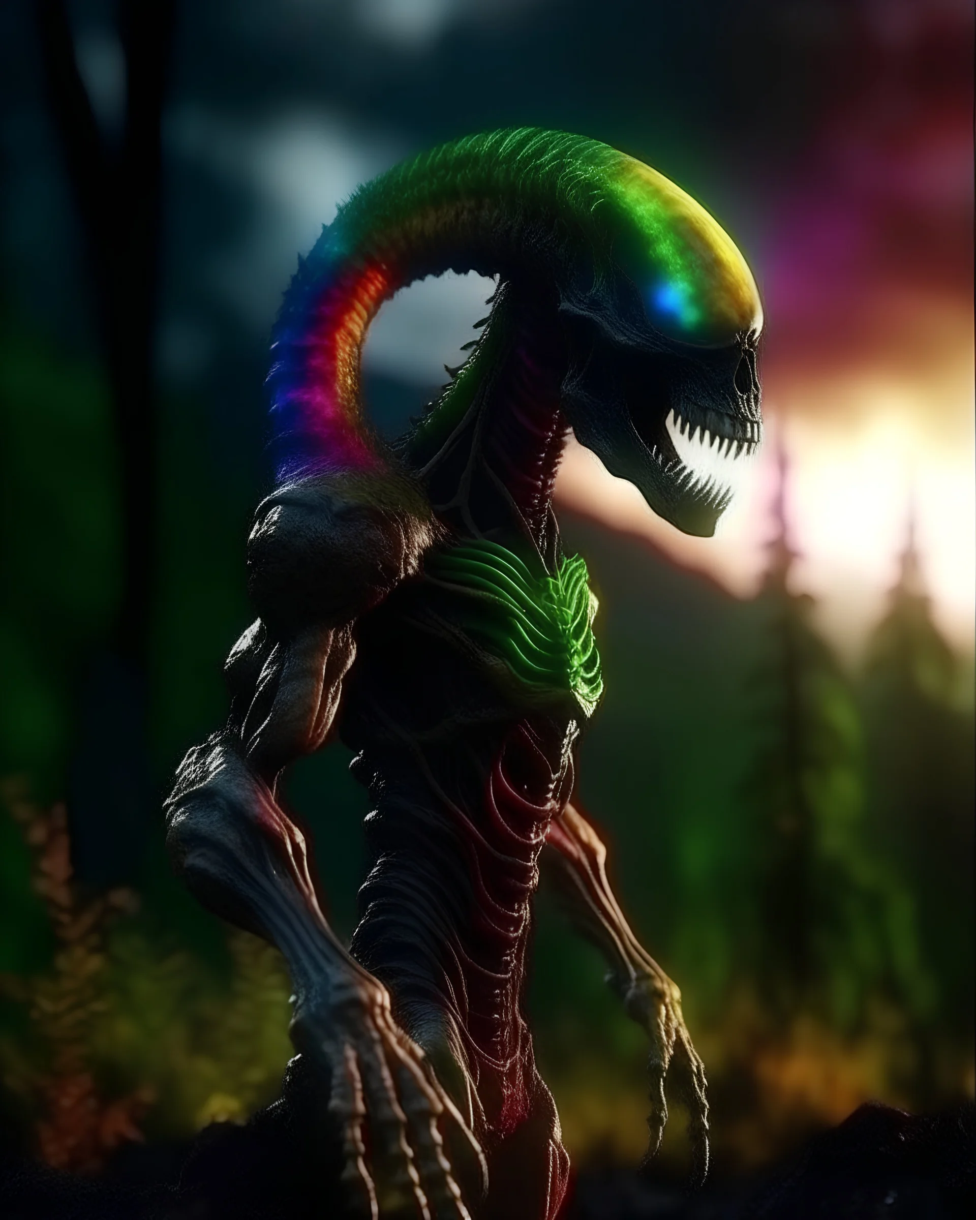 extremely realistic 4k highly-detailed image of a tall muscular metallic Xenomorph dissolving into moss, mossy, green, textured, forest, mystical vibe, smoke, rainbow, cinematic psychedelic sunset