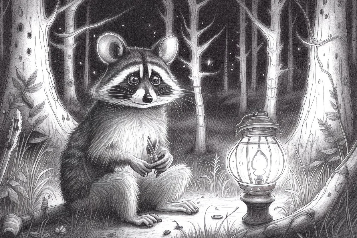 At dusk a curious raccoon explores the forest. Tiptoeing into human campsites, intrigued by human artifacts they found.- Pencil drawing, realistic, graphite