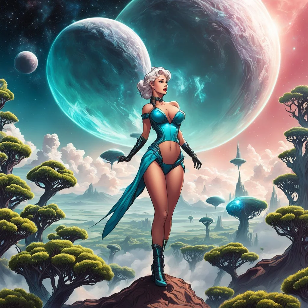 slim Sci-fi pin-up girl on an alien planet of cloud trees in the multiverse