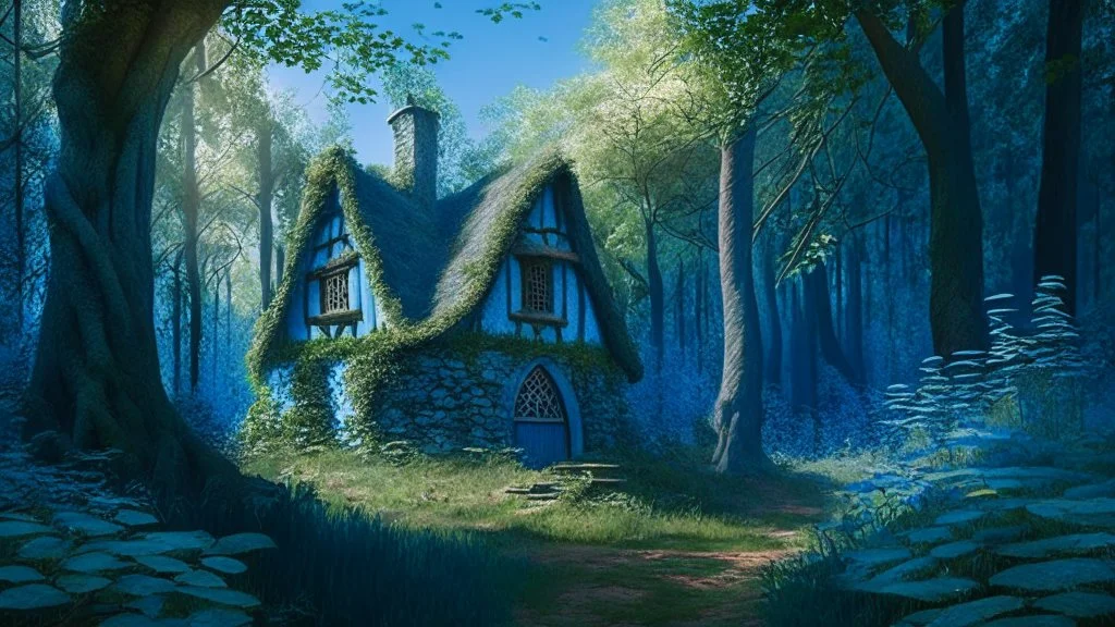 medieval cottage in a woodland glade with blue sky