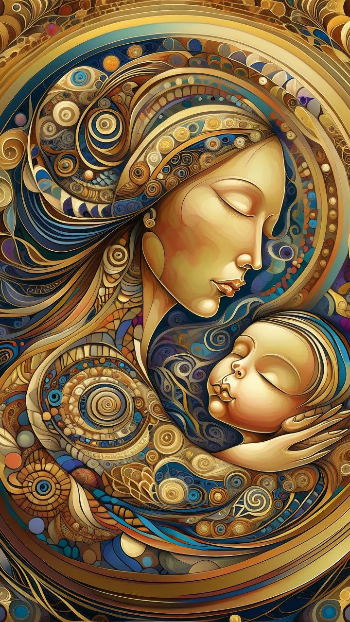 A digital artwork of women with her baby adorned with intricate patterns and designs. The figure's face is covered in swirling lines, circles, and other abstract patterns in hues of mocha, navy and gold.The background is a colorful glass , with abstract patterns that complement the figure's design. The overall ambiance of the image is dreamy and surreal.