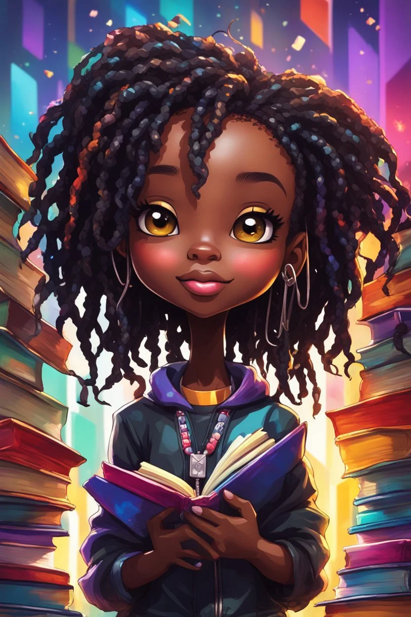 A sassy futurism ABSTRACT colorful art cartoon black chibi girl LOOKING DOWN, surrounded by colorful BOOKS. Looking up coyly, she grins widely, showing her Teeth. Highly detailed black shiny dread locs , regal expression.