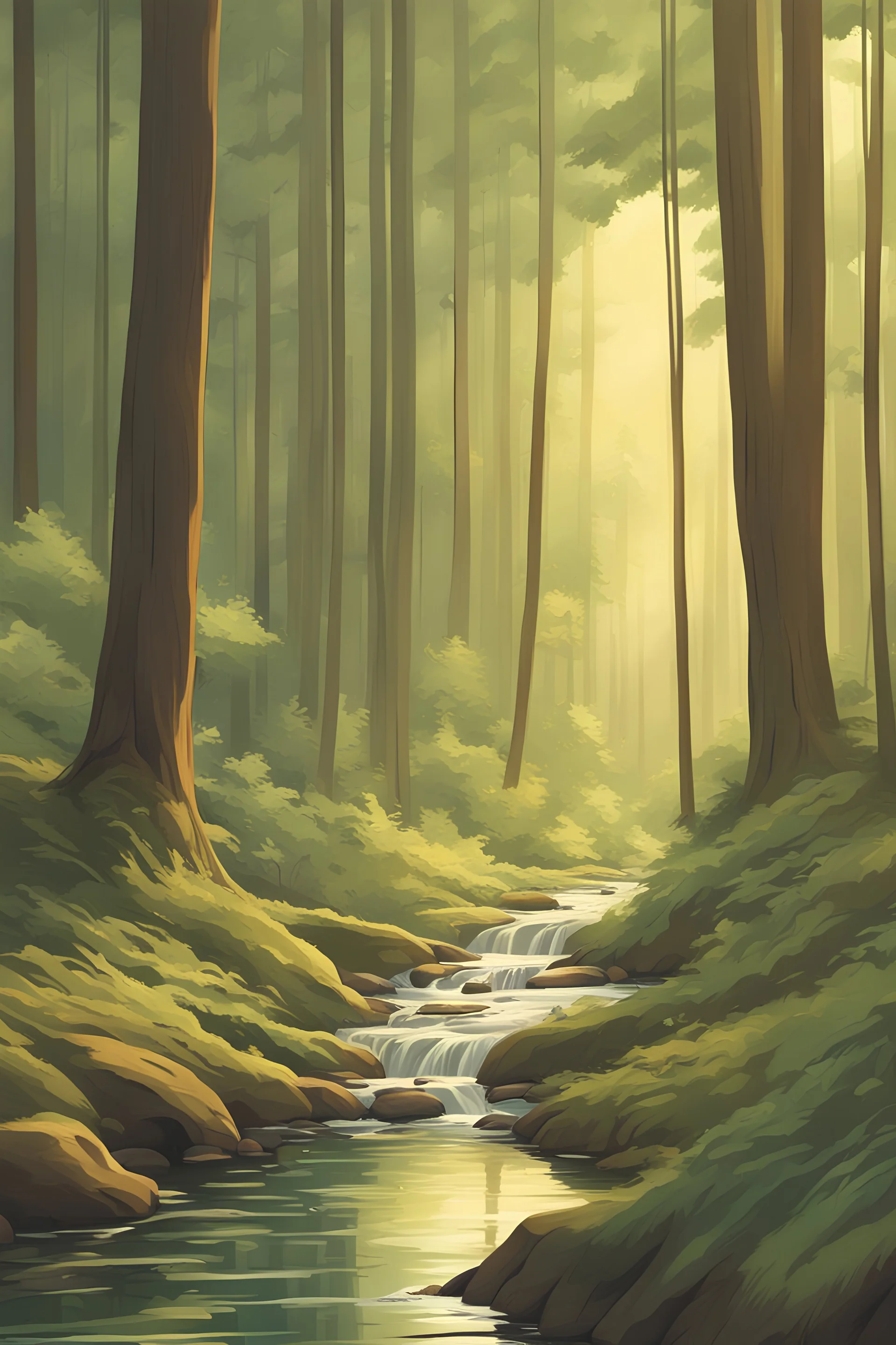 generate an image of a serene , peaceful forest, with a small gentle stream , and morning light peeping through the trees; realistic style, bright colors