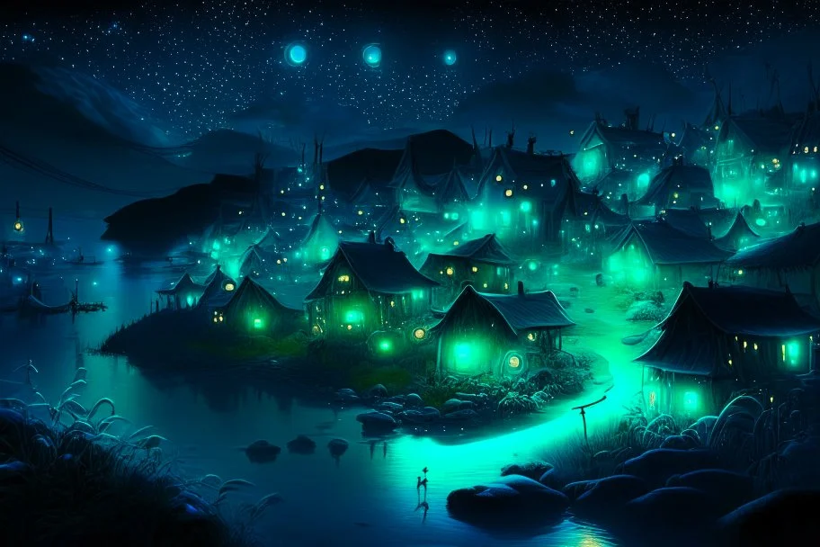 bioluminescent rasin village at night in starshine