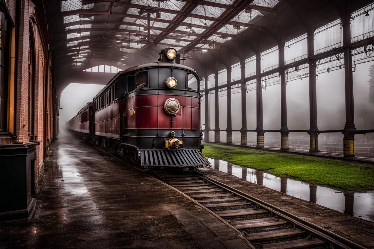 An old vintage train station on a foggy day, add deep dark color and reflections in and around the old stempunk train