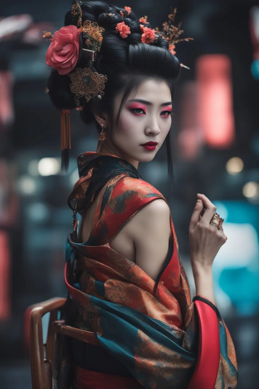 ((Lost suit)),((lost clothes)),Ultra realistic photo beautiful cyberpunk geisha woman , futuristic style, HOF, captured with professional DSLR camera, 64k, ultra detailed,