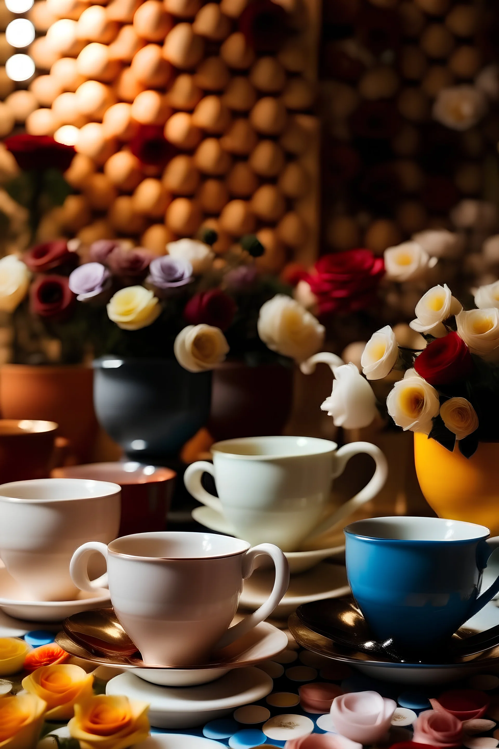 coffe cups retail with bouquet background