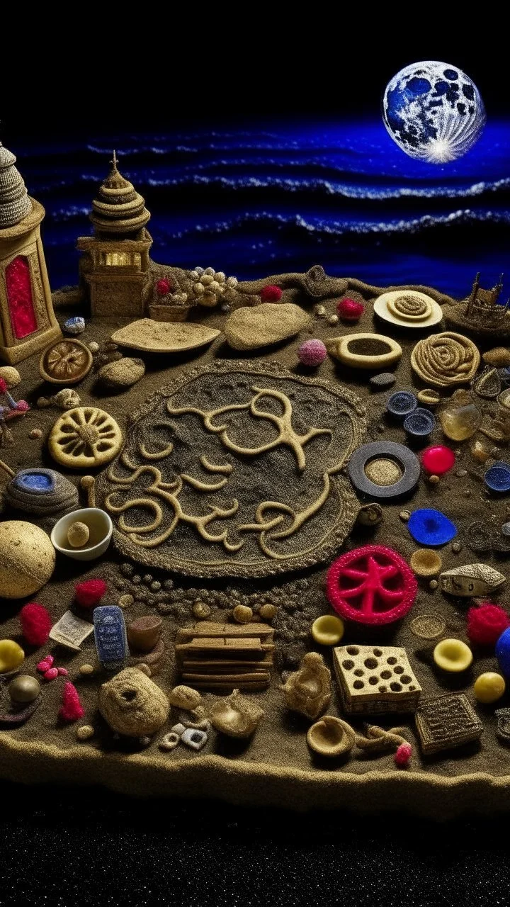 bird's eye view of shipwreck, seashore, moonlit night, foam waves, stands out an ancient crown set with ruby and different indecipherable coins between salt and sand, a wig, gloves, a compass , an abacus, in the style of paul klee