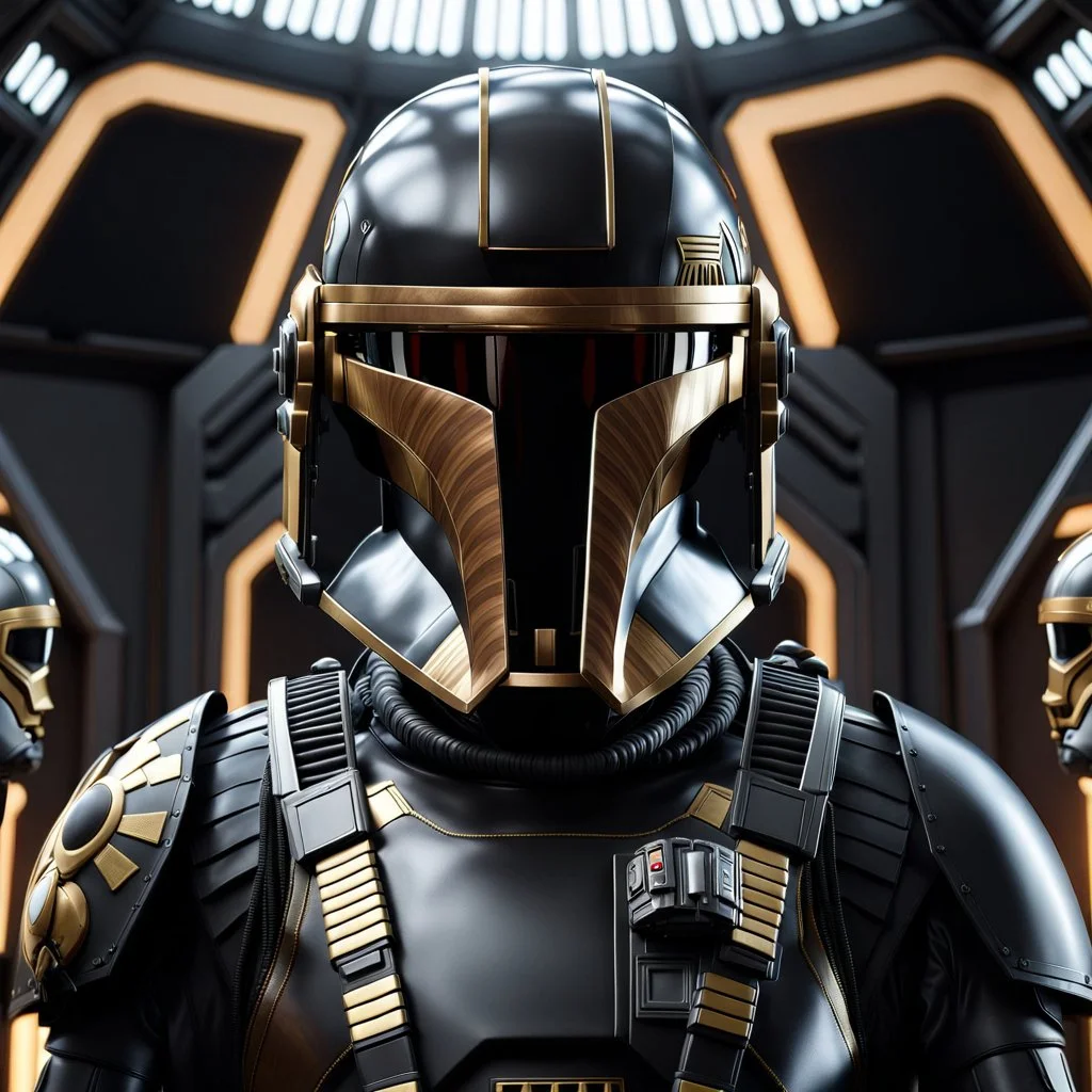 star wars bald male corellian pilot wearing dark gunmetal grey and black First Order special forces TIE pilot armored flightsuit and helmet with gold trim inside the jedi temple, centered head and shoulders portrait, hyperdetailed, dynamic lighting, hyperdetailed background, 8k resolution, volumetric lighting, light skin, fully symmetric details