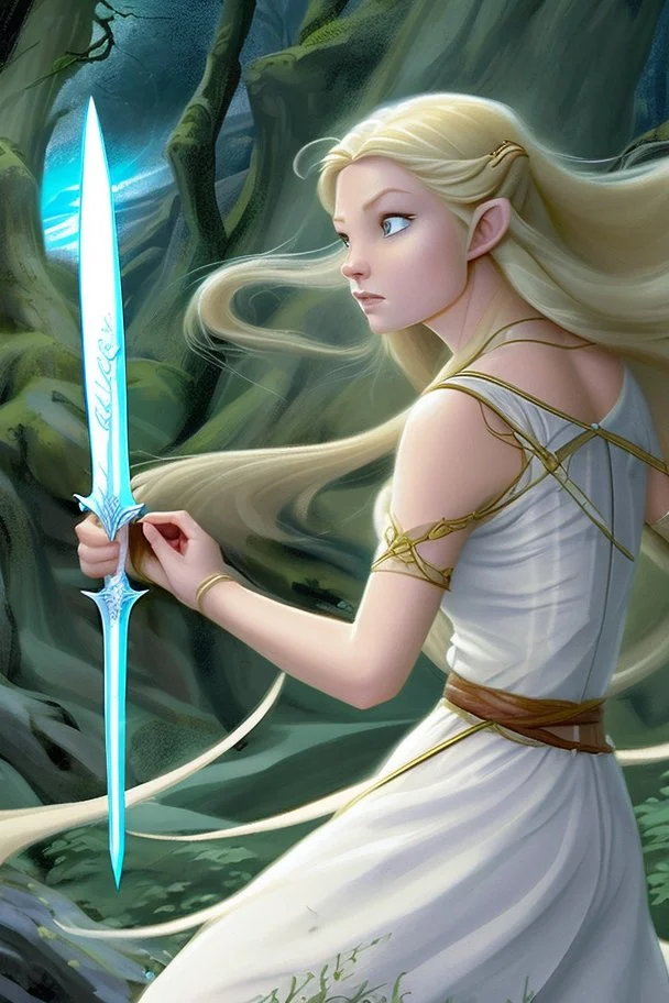 Young Galadriel knew that she was no match for the ogre in a fair fight. But she was determined to protect herself and her home, so she drew her sword and charged. The ogre was surprised by Galadriel's attack. It swung its club at her, but she dodged out of the way. Then, she slashed at the ogre's leg with her sword. The ogre roared in pain and stumbled back.