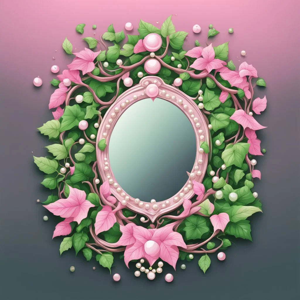 Create an Artwork of a Mirror with ivy branches and pearls necklace, Like a creative Logo for a Varasity Jacket to put a random number uin it, Vector illustration. Colors should be pink and green