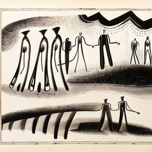 drawn in single line by Nicolai Blatter with hatch with parallel wavy lines metal engraving with spanish man dance procession in salvador dali style or picasso style