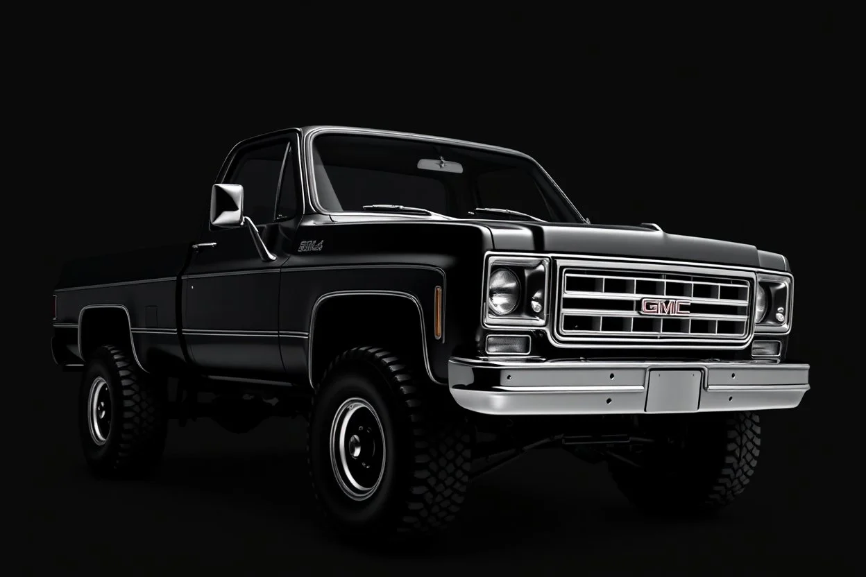 front corner 1973 GMC square body truck(lifted) facing to viewer's left, dark gray background, high contrast black and white vector