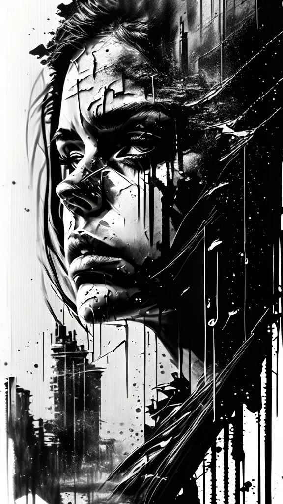 double exposure collage portrait of the craying woman, face of sadness, character design, shadows, building, noise, smog, surreal style, high detail, realistic photo, black pen and ink, intricate detailed black and silver line art, thick black ink on wet paper, dramatic mood, graffiti art, splash art, dark oil gouache melting, gloomy