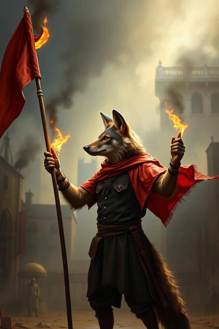 aardwolf man pantomime holding burning flag, painting by Rembrandt, with motion blur city background, and volume light fog with sunlight rays