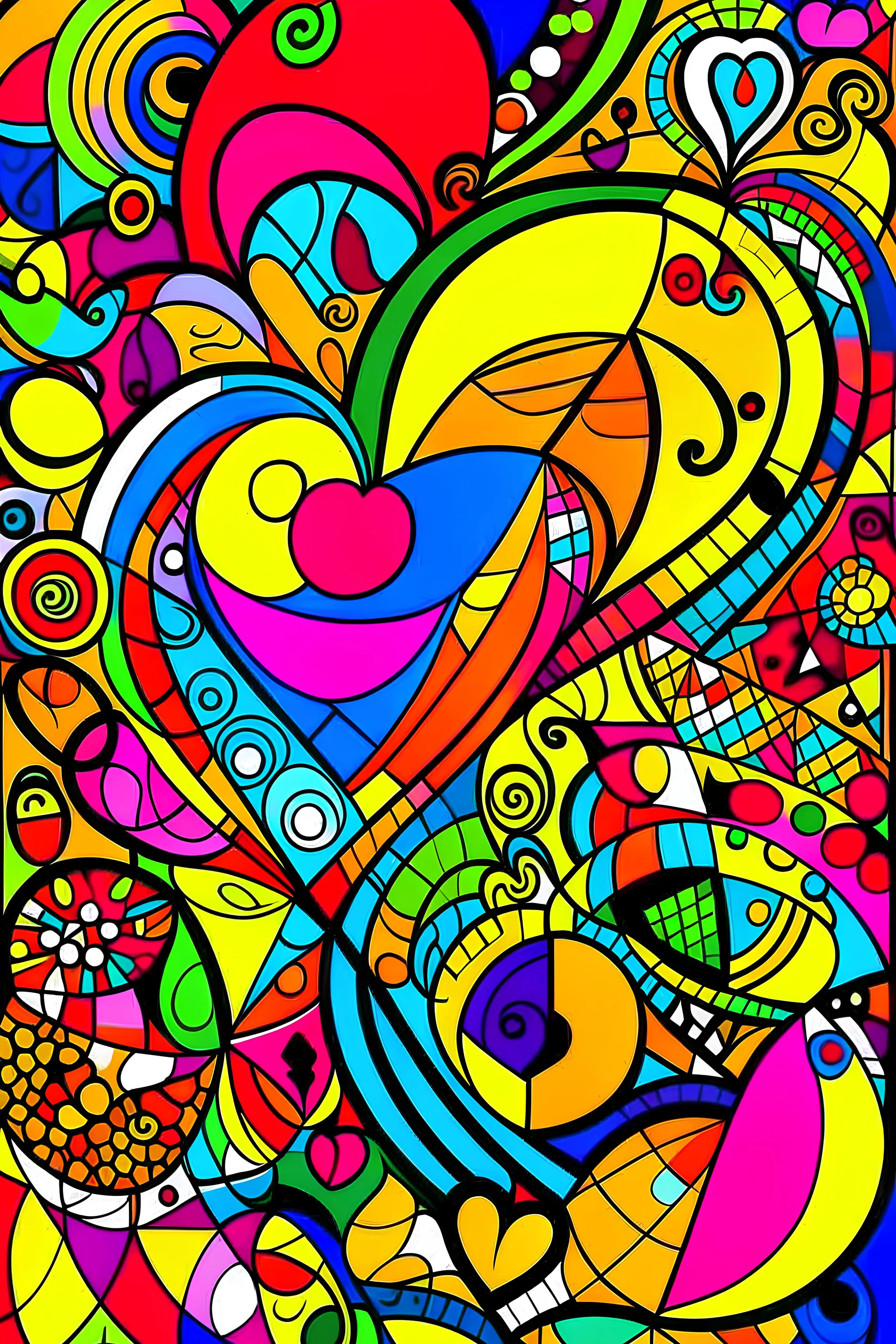 music notes, colorful, flat colors, 2d, exaggerated shapes, symmetrical, Romero Britto style, thick contour line, bright colors, wow art